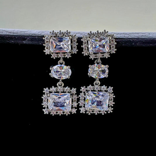 Silver Princess Cut Drop Earring