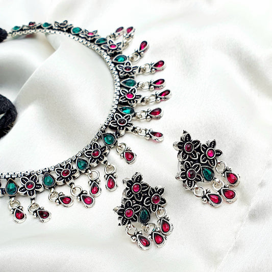 Oxidised Ruby Emerald Necklace Set