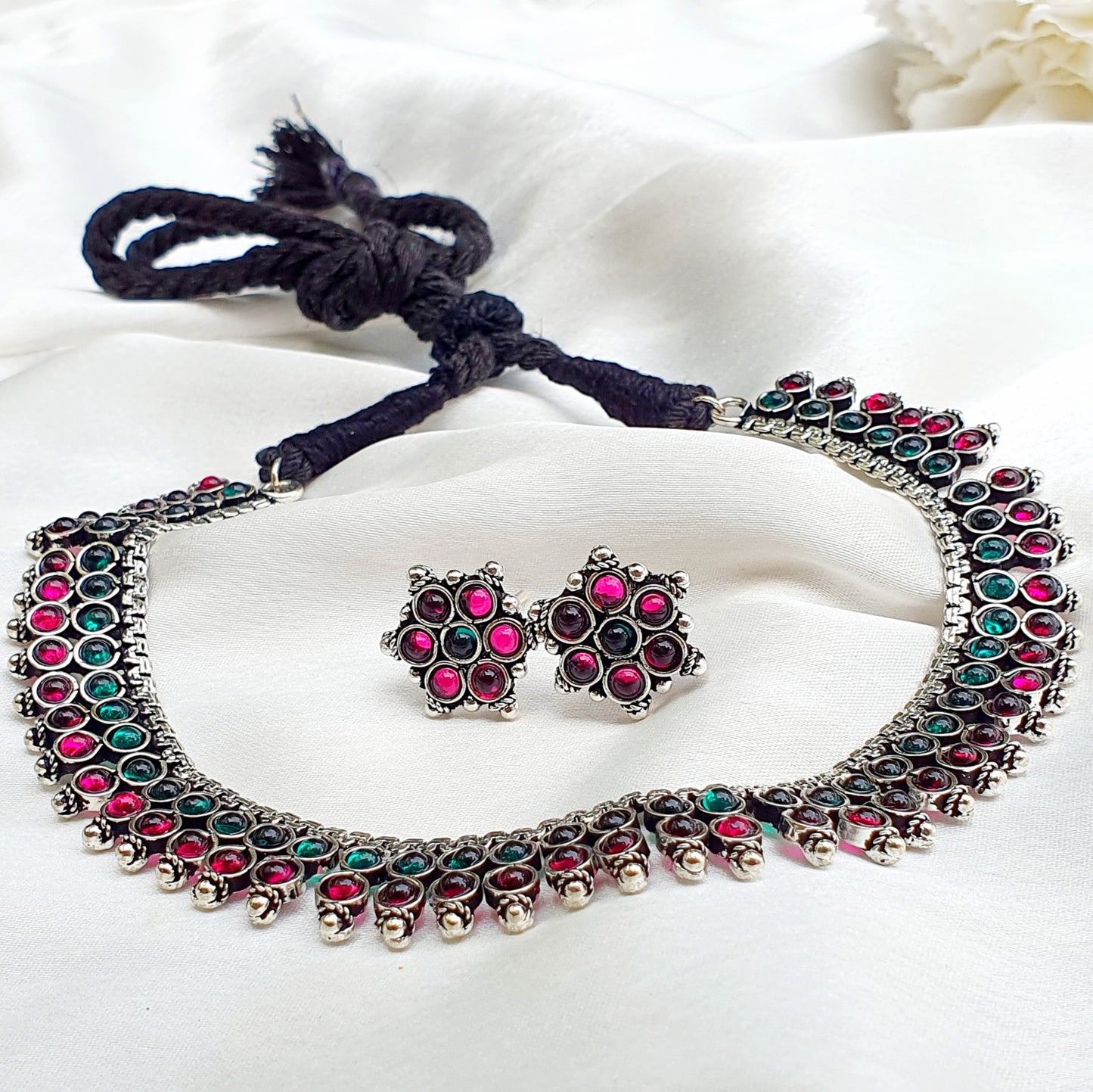 Classic Oxidised Ruby Emerald Necklace Set