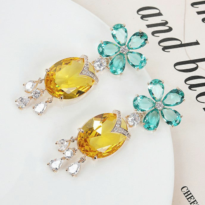 Graceful Blue Crystal Flower with Yellow Drops Earring