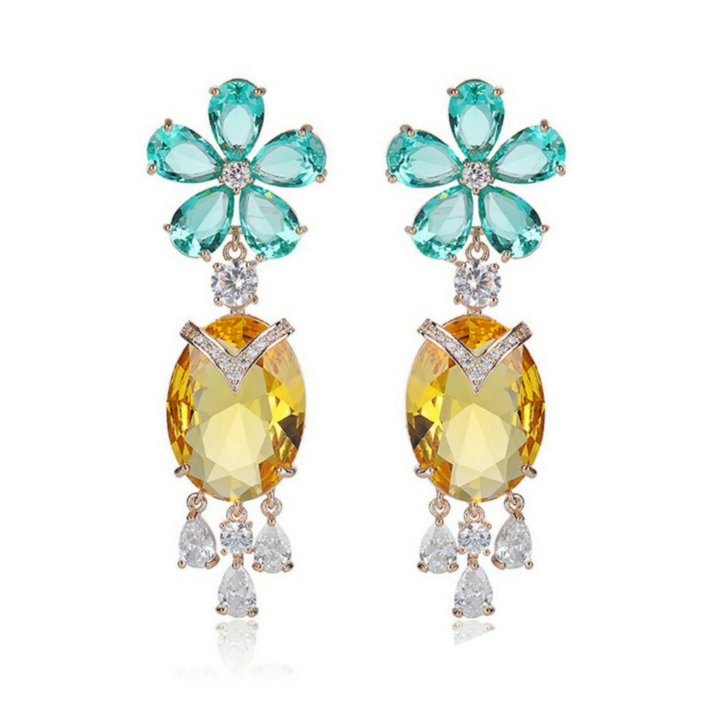 Graceful Blue Crystal Flower with Yellow Drops Earring